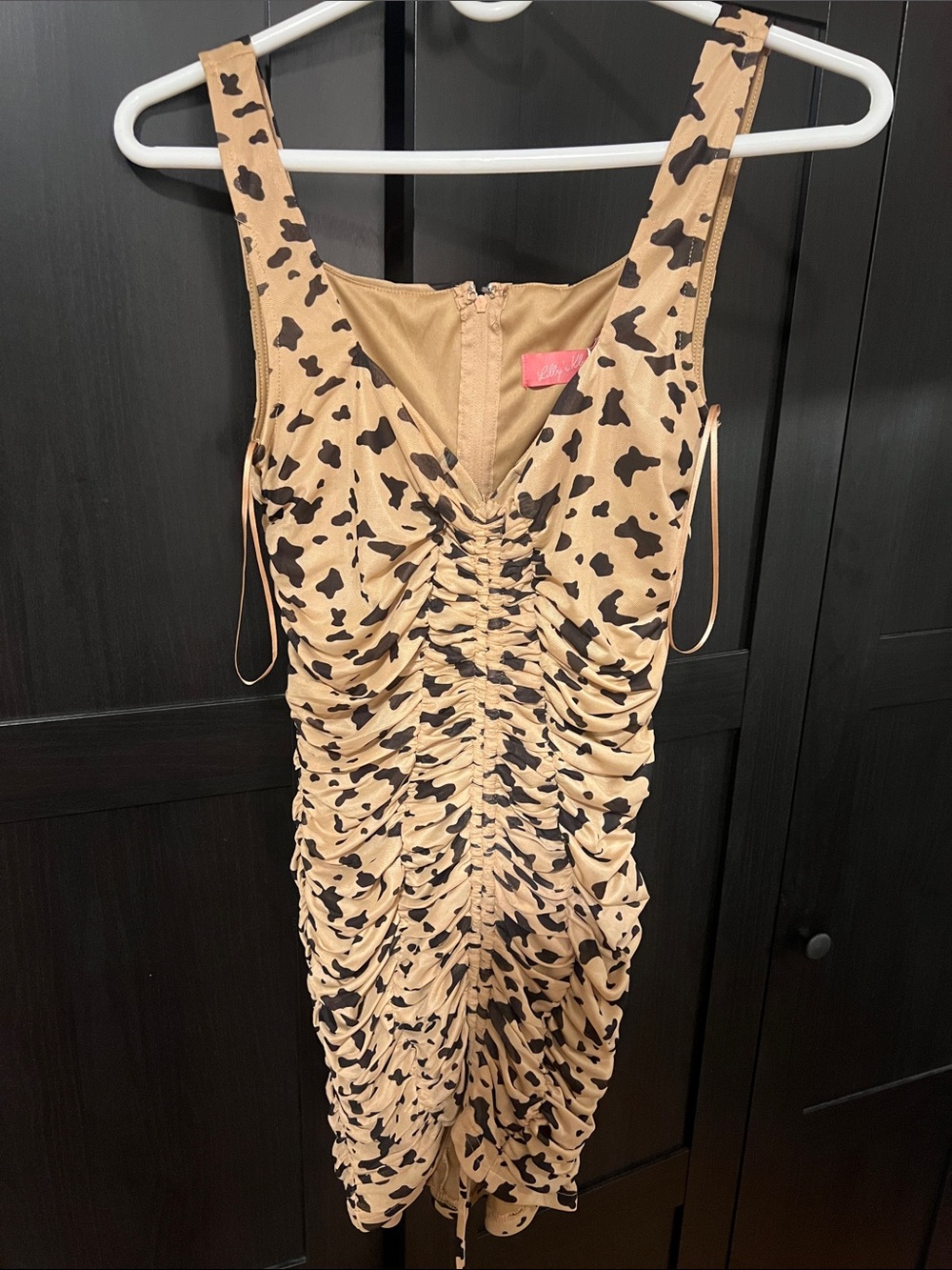 Ruched Cow-Print Midi Dress in Tan and Black